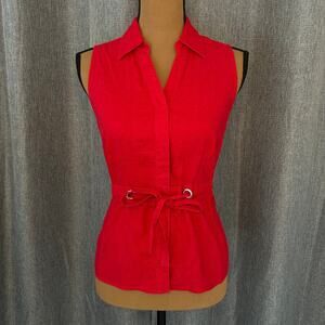 Red Linen Blend Sleeveless Tie Waist Carole Little Blouse Medium